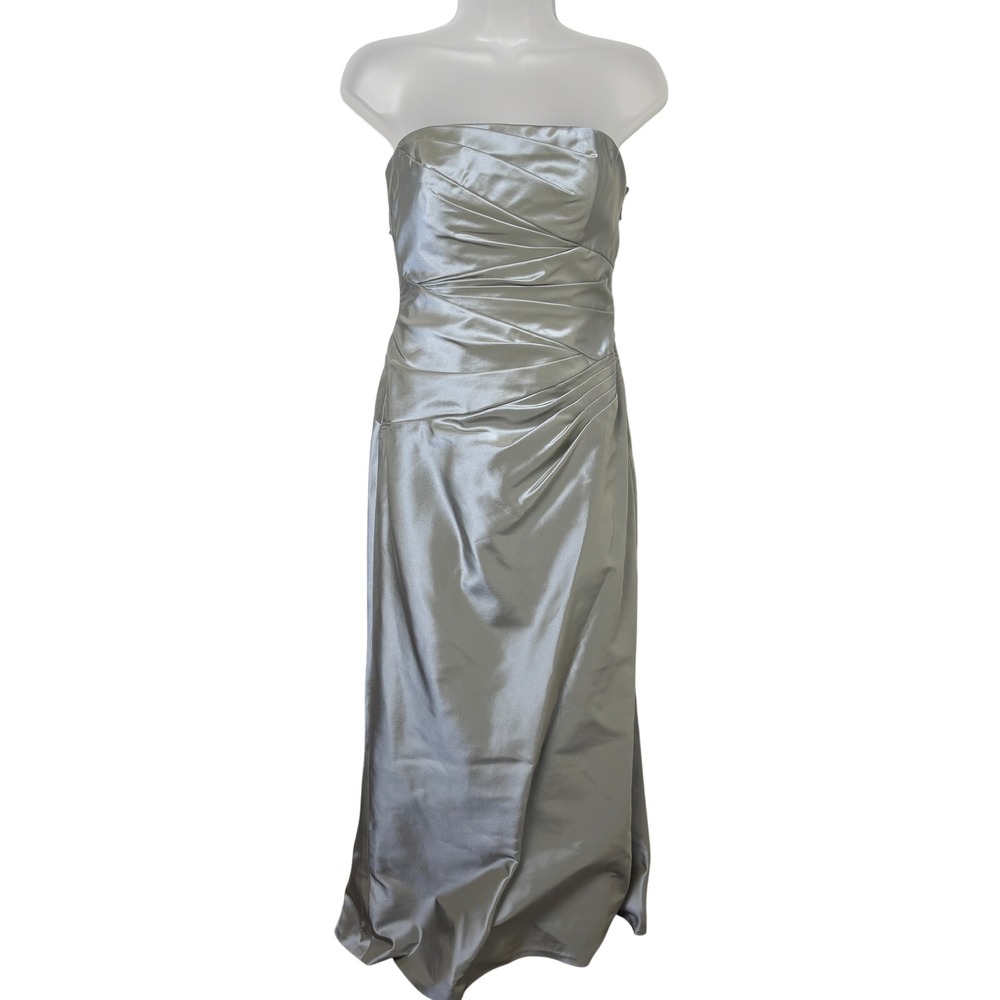 Carmen Marc Valvo Silver Satin Strapless Ruched Prom Bridesmaid Dress Womens 2
